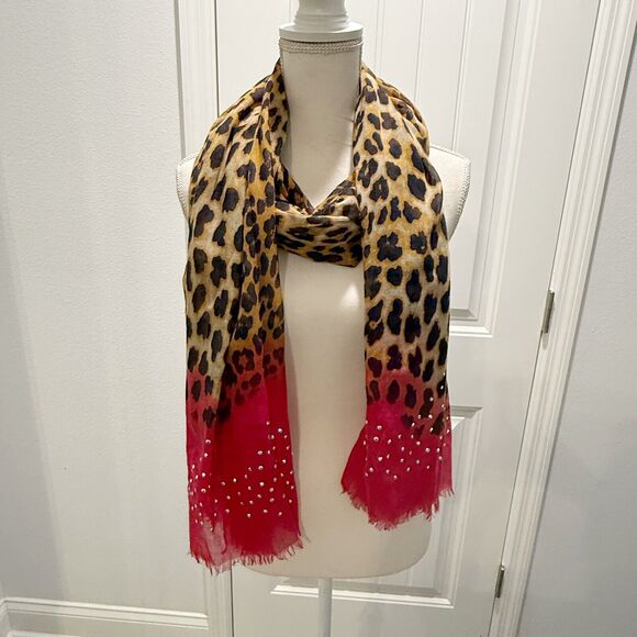 Large Leopard Spotted Scarf Bright Pink Accents Studded 27 x 100 NWT - Picture 4 of 14